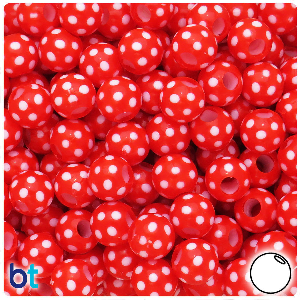 Red Opaque 12mm Round Plastic Beads - White Polka Dots (65pcs)