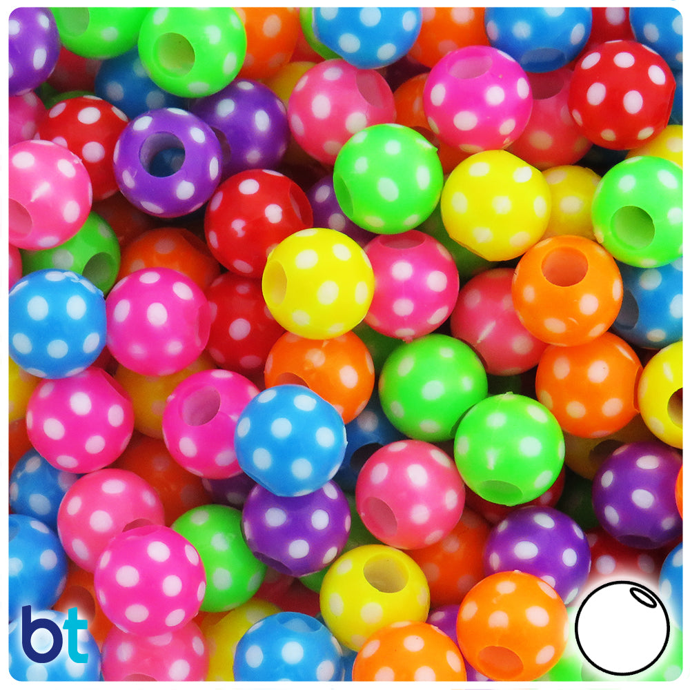 Bright Opaque Mix 12mm Round Plastic Beads - White Polka Dots (65pcs)