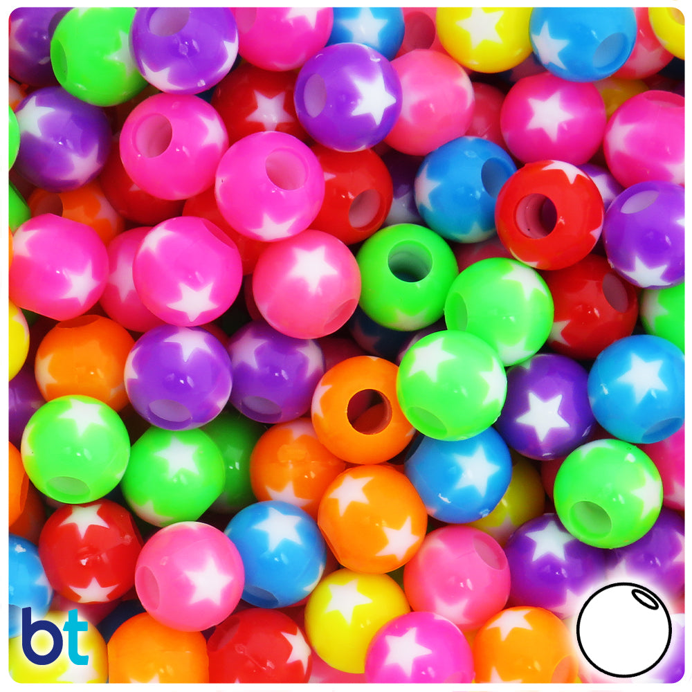 Bright Opaque Mix 12mm Round Plastic Beads - White Stars (65pcs)