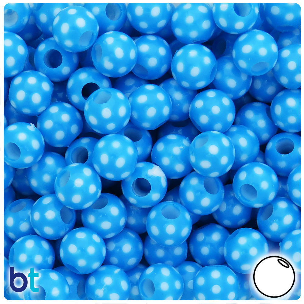 Blue Opaque 12mm Round Plastic Beads - White Polka Dots (65pcs)