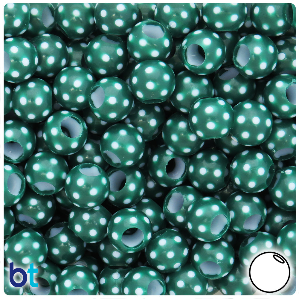 Dark Green Opaque 12mm Round Plastic Beads - White Polka Dots (65pcs)