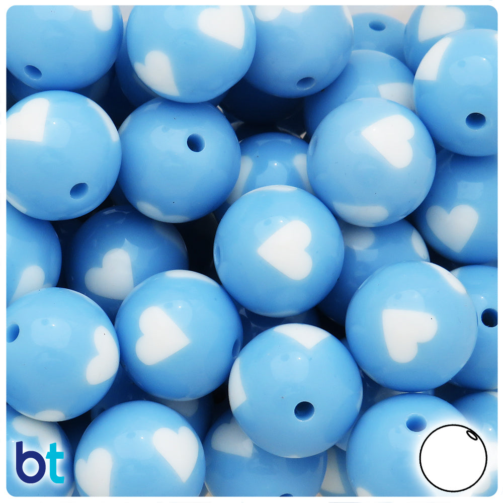 Light Blue Opaque 20mm Round Plastic Beads - White Hearts (10pcs)