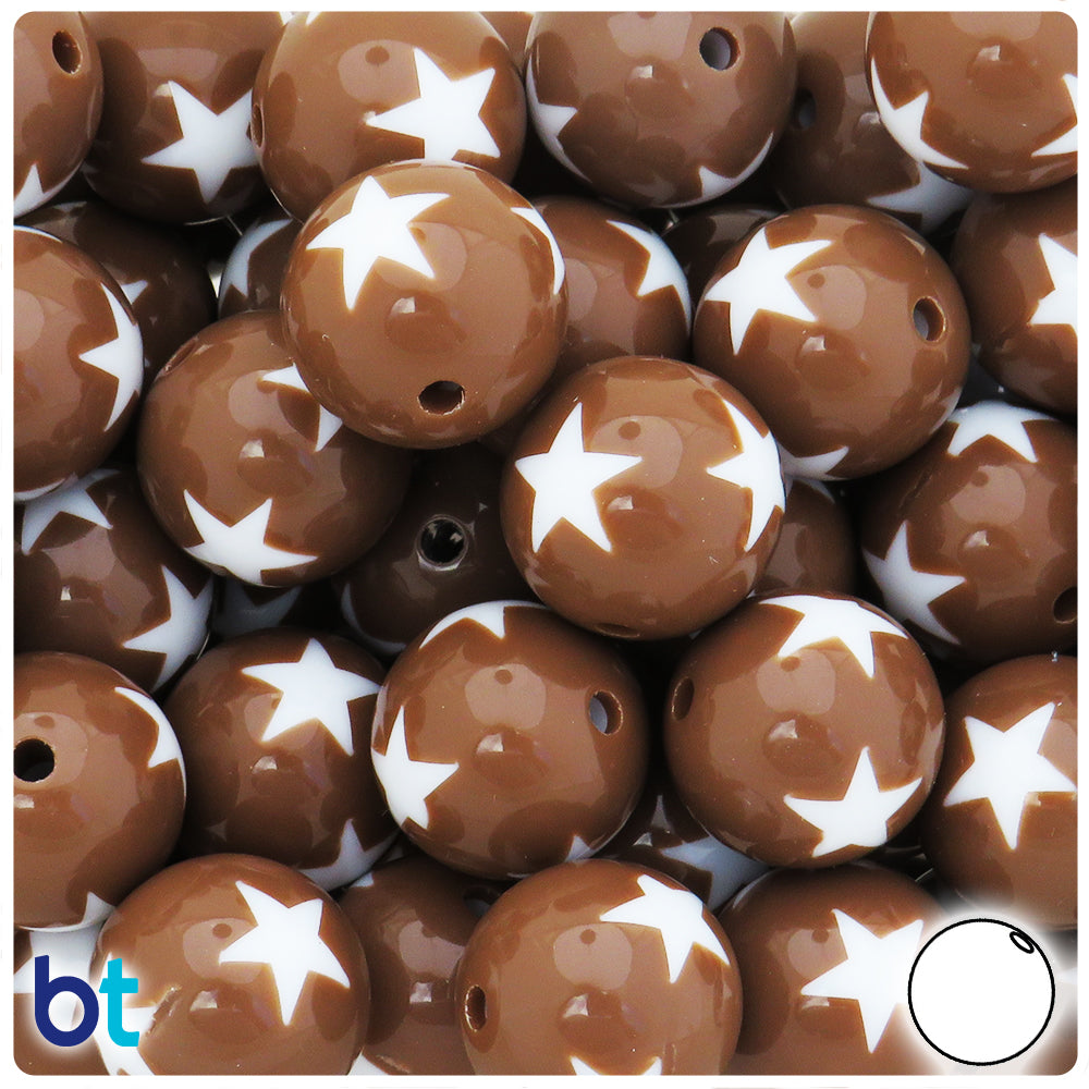 Brown Opaque 20mm Round Plastic Beads - White Stars (10pcs)