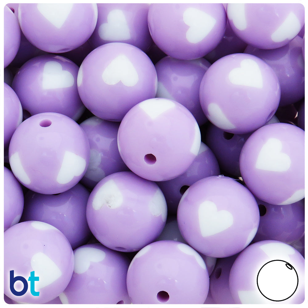 Light Purple Opaque 20mm Round Plastic Beads - White Hearts (10pcs)