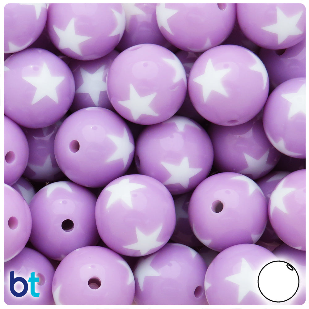 Light Purple Opaque 20mm Round Plastic Beads - White Stars (10pcs)