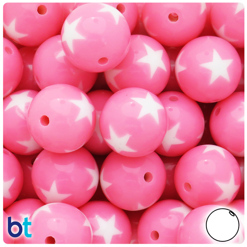 Light Pink Opaque 20mm Round Plastic Beads - White Stars (10pcs)