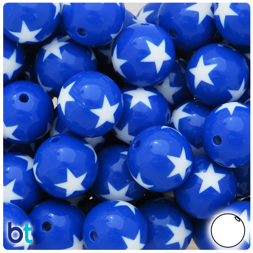 Dark Blue Opaque 20mm Round Plastic Beads - White Stars (10pcs)