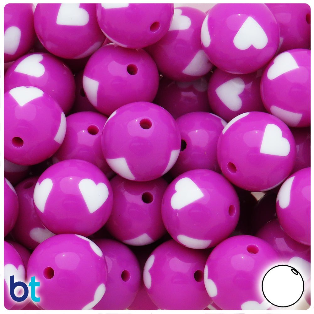 Dark Purple Opaque 20mm Round Plastic Beads - White Hearts (10pcs)