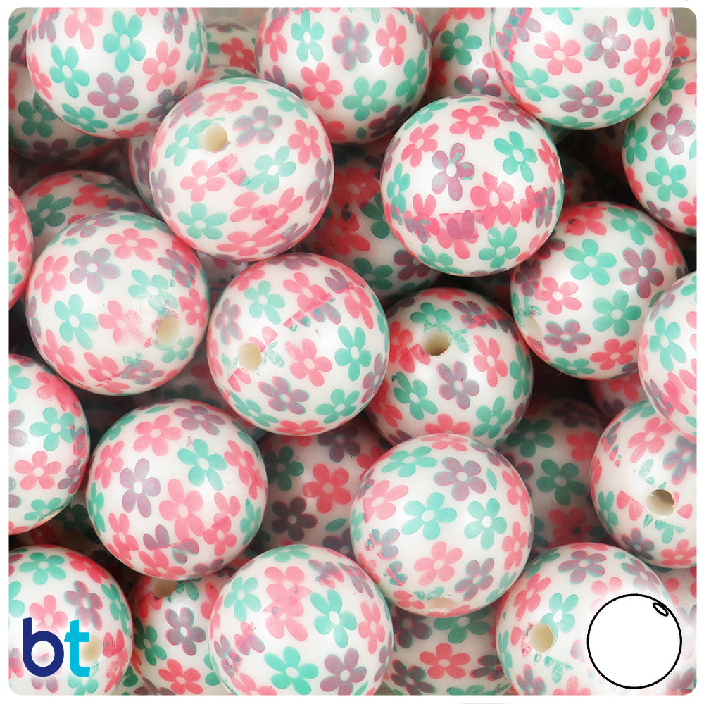 White Pearl 20mm Round Plastic Beads - Multicolored Flower Design (10pcs)