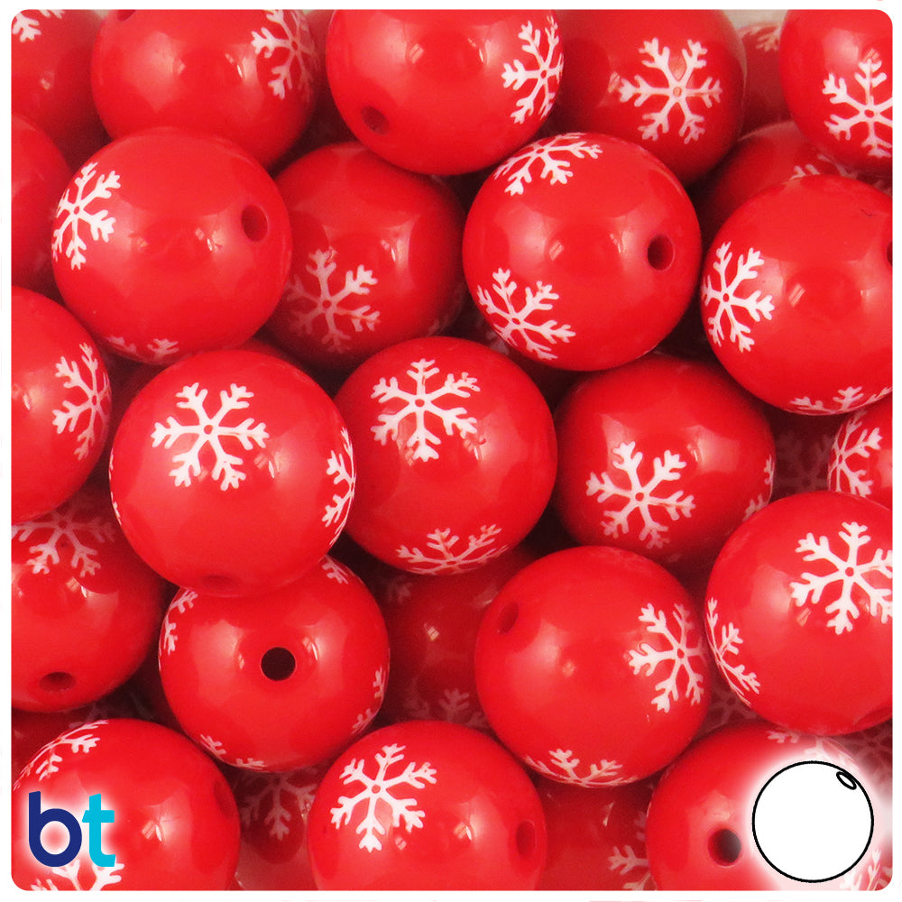 Red Opaque 20mm Round Plastic Beads - White Snowflake Design (10pcs)