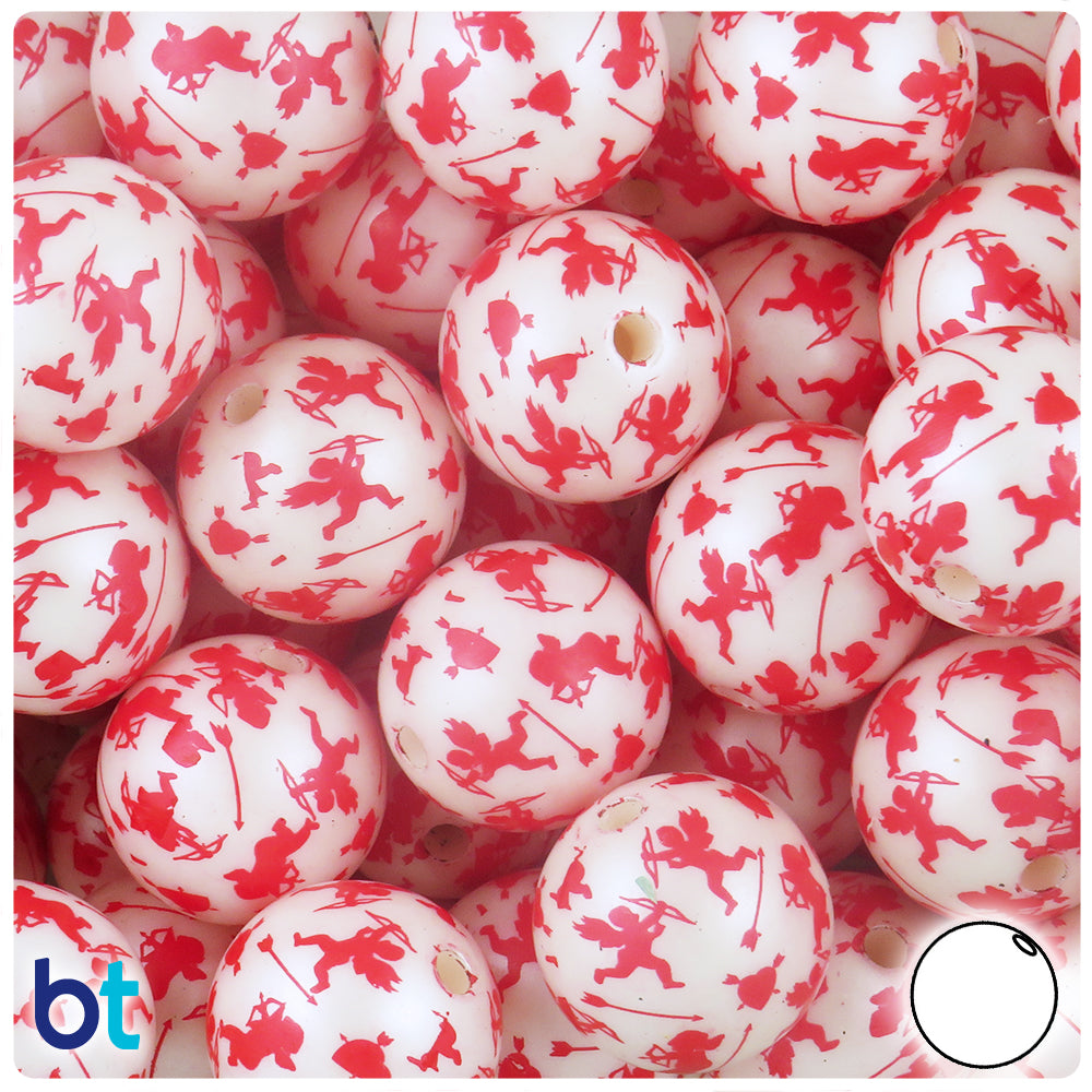 White Pearl 20mm Round Plastic Beads - Red Cupid Design (10pcs)