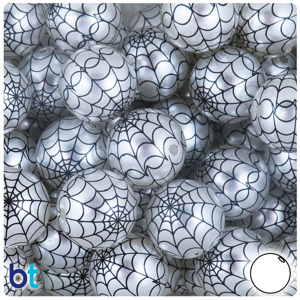 Silver Pearl 20mm Round Plastic Beads - Black Spider Web Design (10pcs)