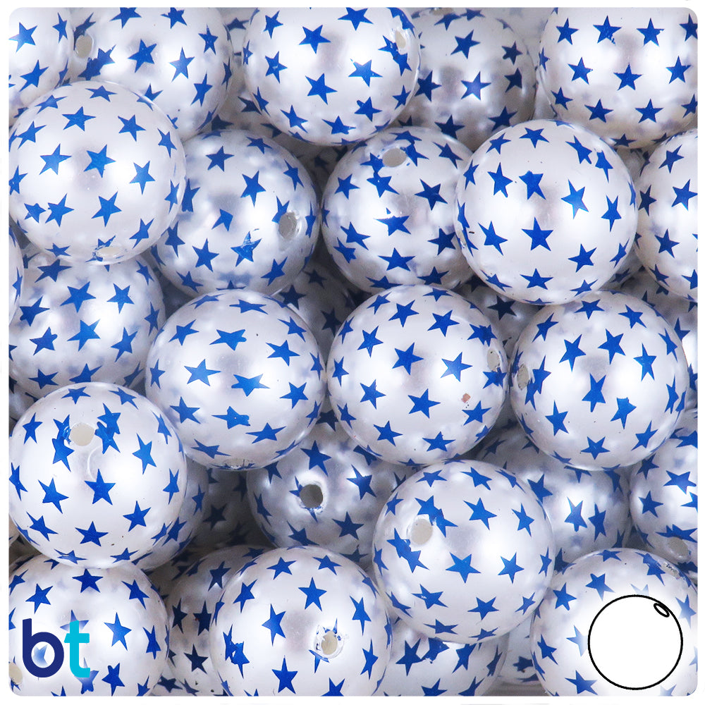Silver Pearl 20mm Round Plastic Beads - Blue Star Design (10pcs)