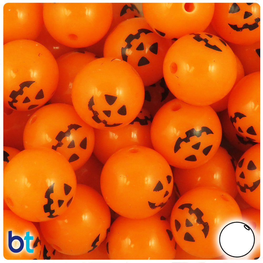Orange Opaque 20mm Round Plastic Beads - Black Jack O Lantern Design (10pcs)