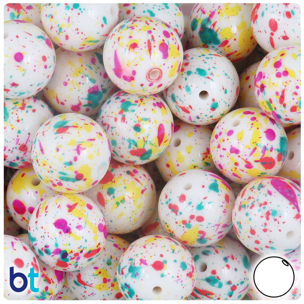 White Opaque 20mm Round Plastic Beads - Multicolored Splash Design (10pcs)