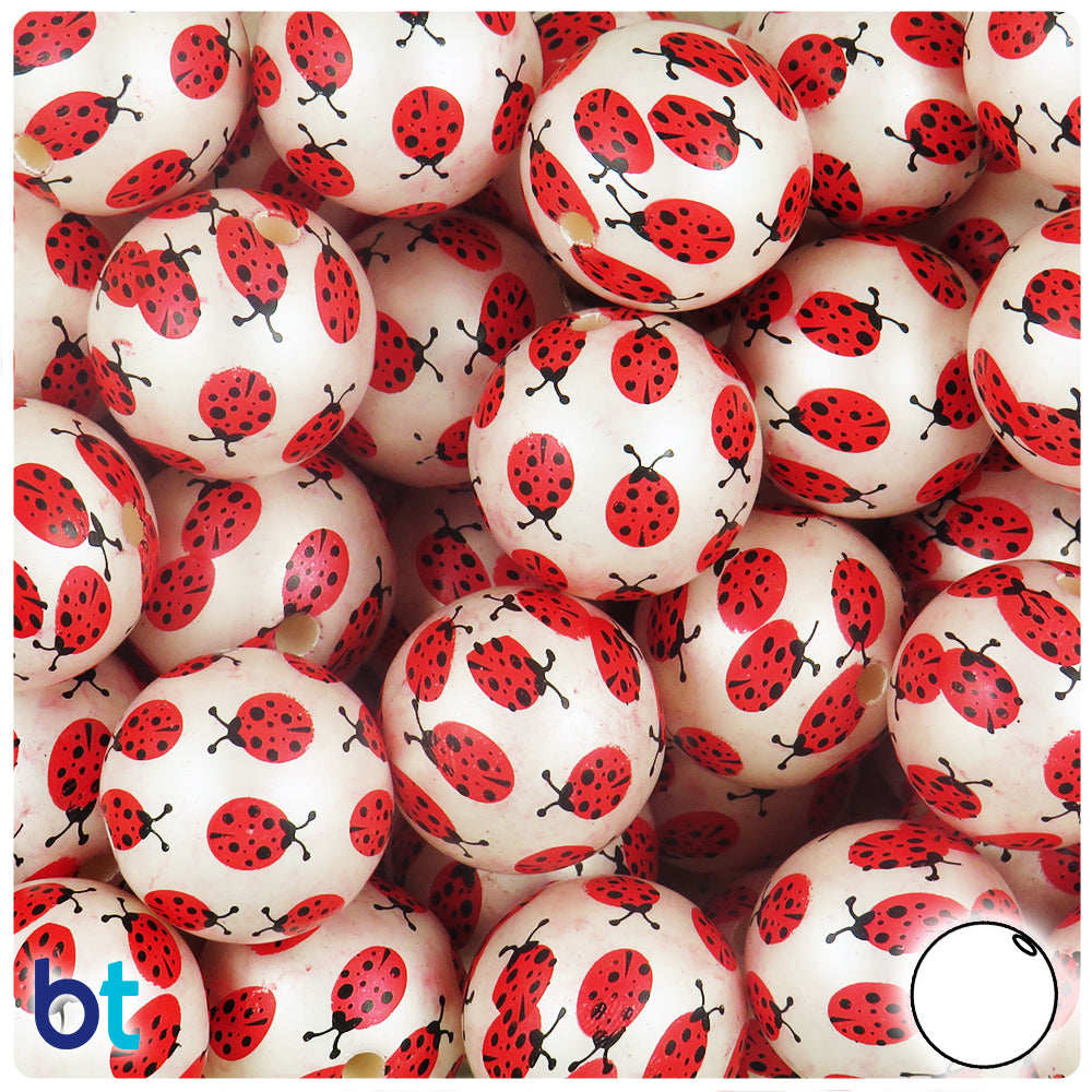 White Pearl 20mm Round Plastic Beads - Red Ladybug Design (10pcs)