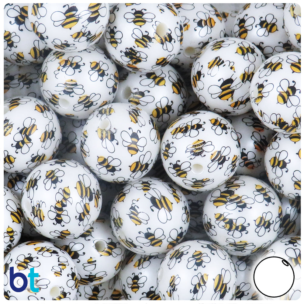 White Pearl 20mm Round Plastic Beads - Small Orange & Black Bee Design (10pcs)