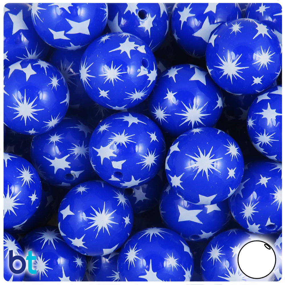 Blue Opaque 20mm Round Plastic Beads - White Fireworks Design (10pcs)