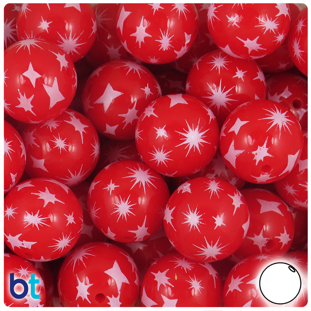 Red Opaque 20mm Round Plastic Beads - White Fireworks Design (10pcs)