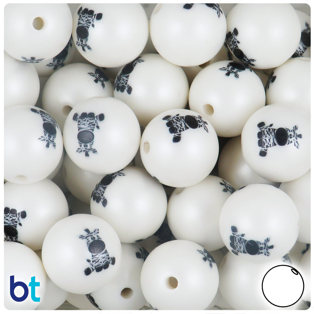White Pearl 20mm Round Plastic Beads - Black Zebra Design (10pcs)