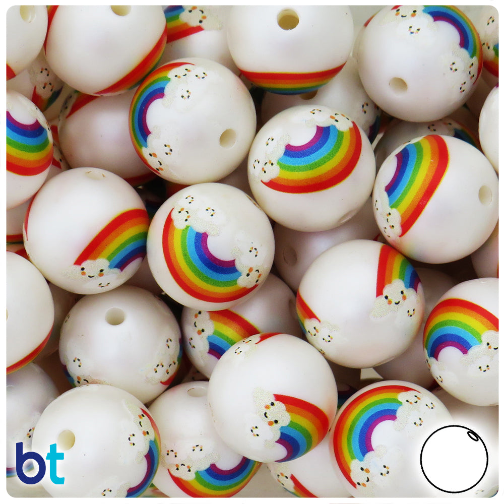 White Pearl 20mm Round Plastic Beads - Rainbow Clouds Design (10pcs)