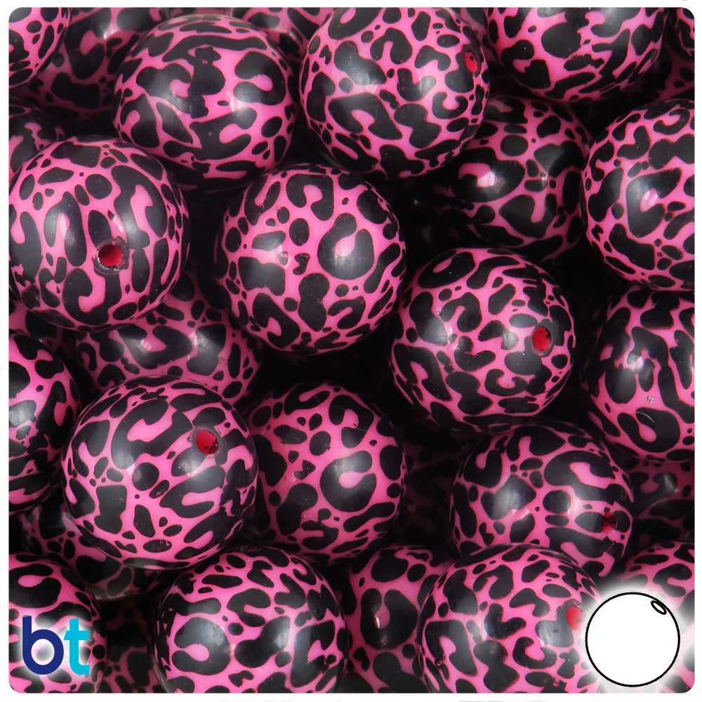 Pink Opaque 20mm Round Plastic Beads - Black Leopard Print Design (10pcs)