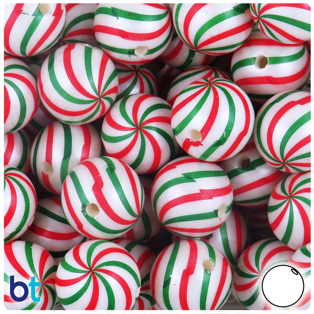 White Pearl 20mm Round Plastic Beads - Red & Green Swirl Design (10pcs)
