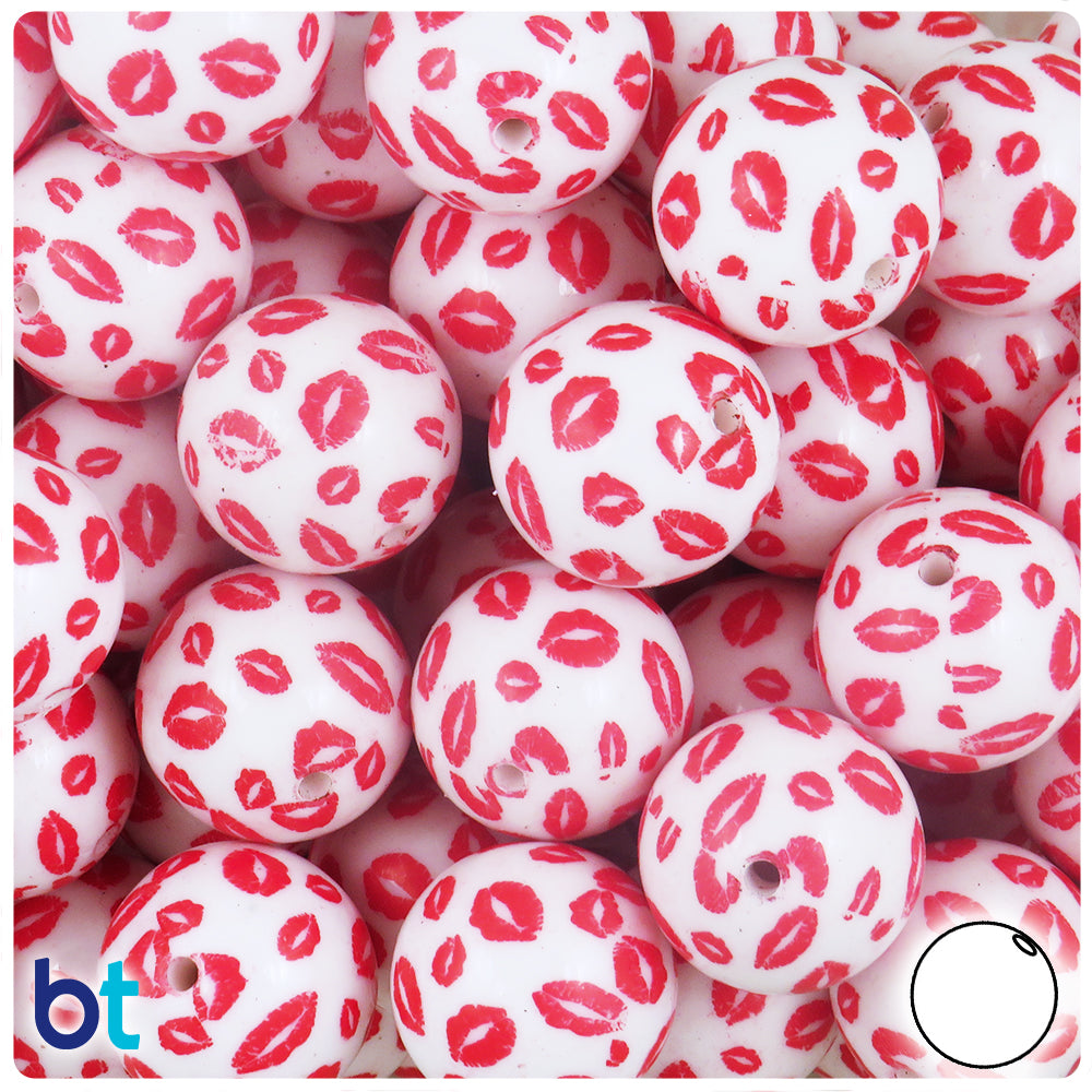 White Opaque 20mm Round Plastic Beads - Red Lips Design (10pcs)
