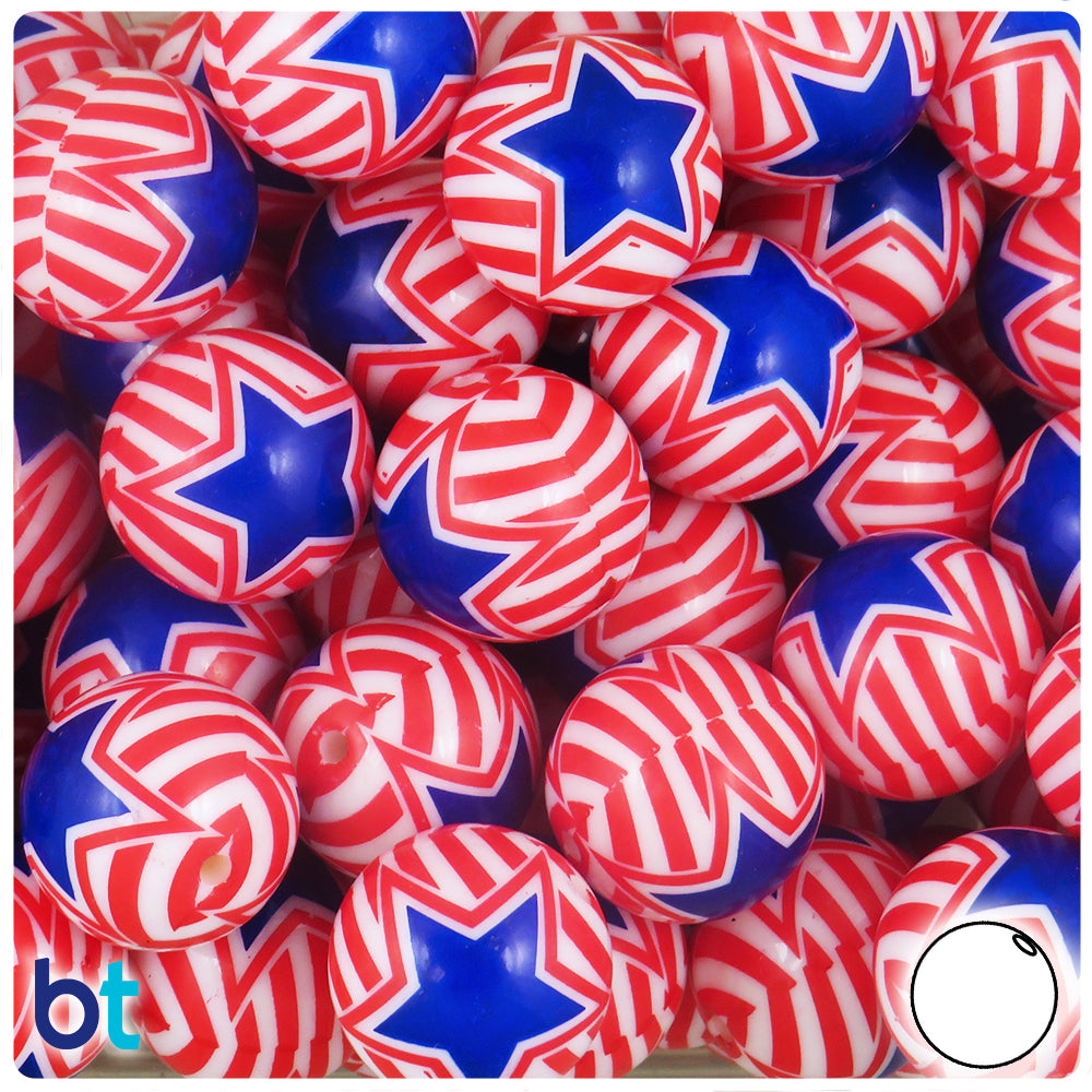 White Opaque 20mm Round Plastic Beads - Blue Star Design (10pcs)