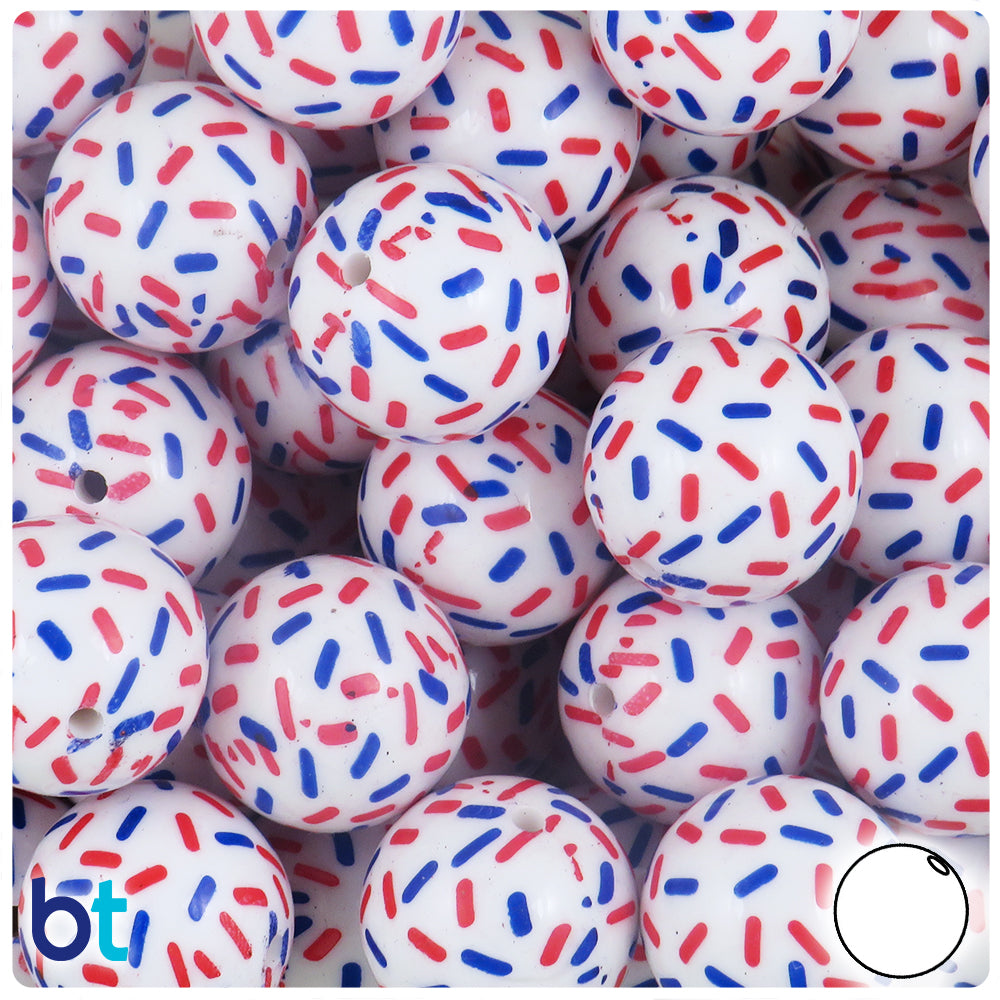White Opaque 20mm Round Plastic Beads - Blue & Red Confetti Design (10pcs)