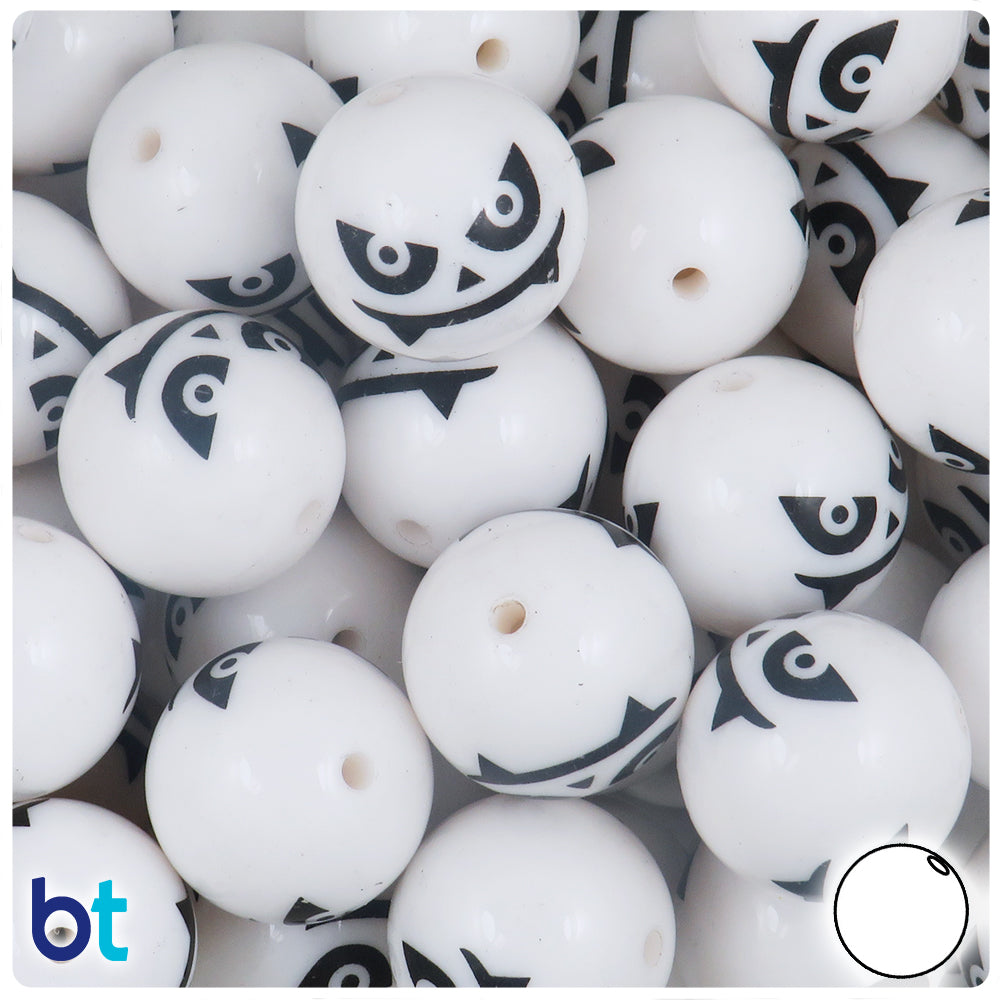White Opaque 20mm Round Plastic Beads - Black Evil Face Design (10pcs)