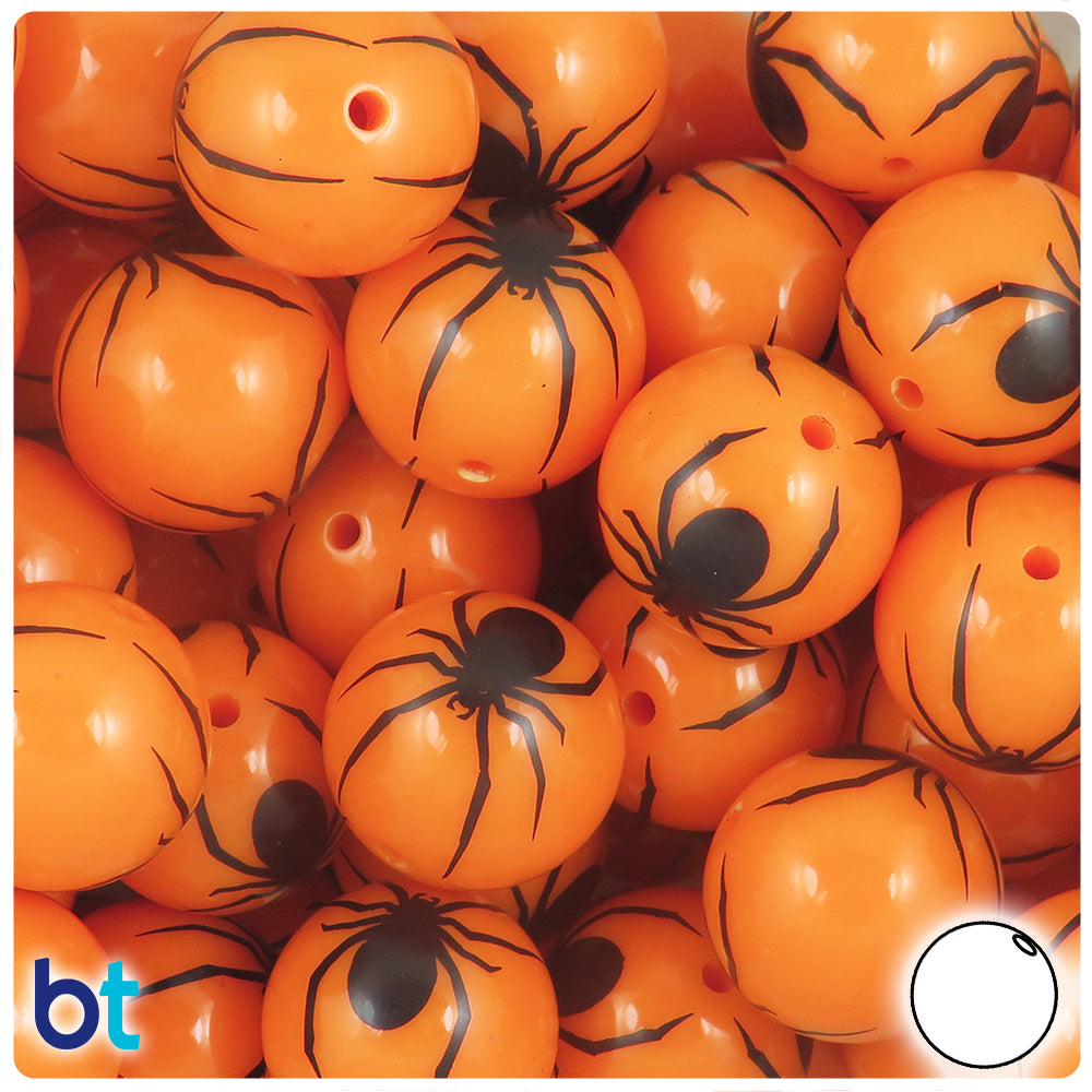 Orange Opaque 20mm Round Plastic Beads - Black Spider Design (10pcs)