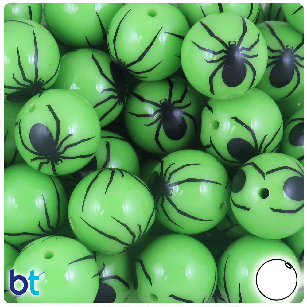 Green Opaque 20mm Round Plastic Beads - Black Spider Design (10pcs)