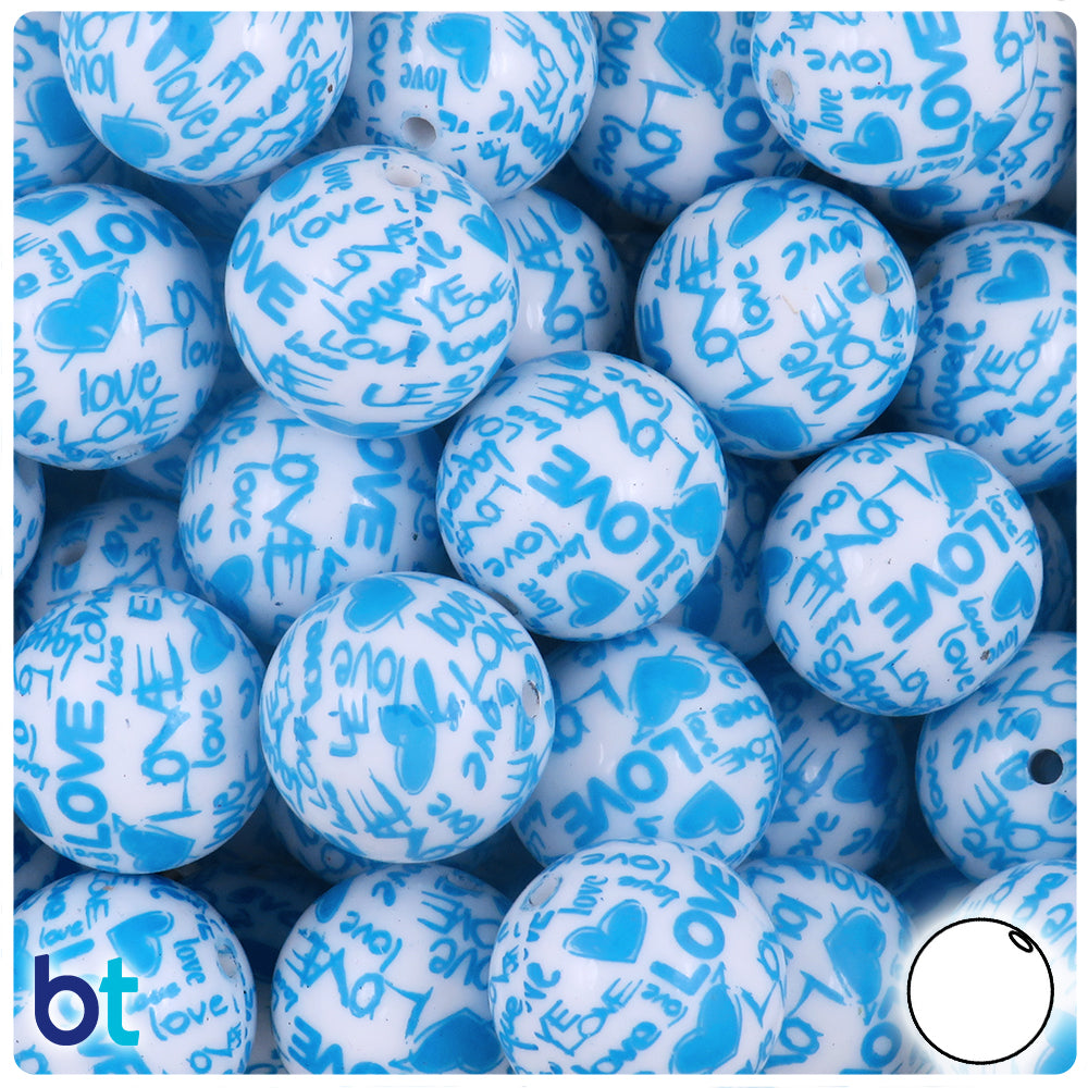 White Opaque 20mm Round Plastic Beads - Light Blue Love Design (10pcs)