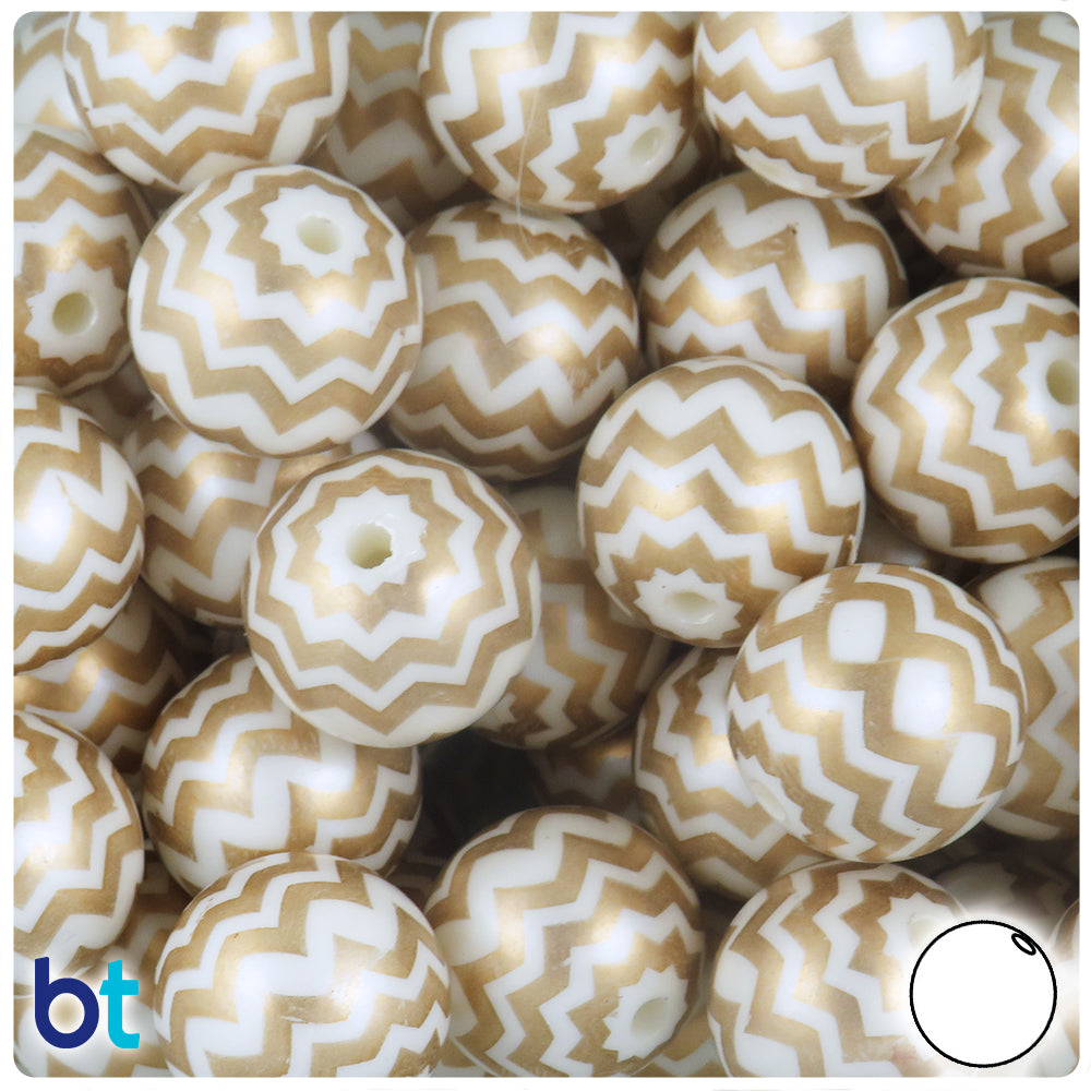 White Pearl 20mm Round Plastic Beads - Gold Zigzag Design (10pcs)