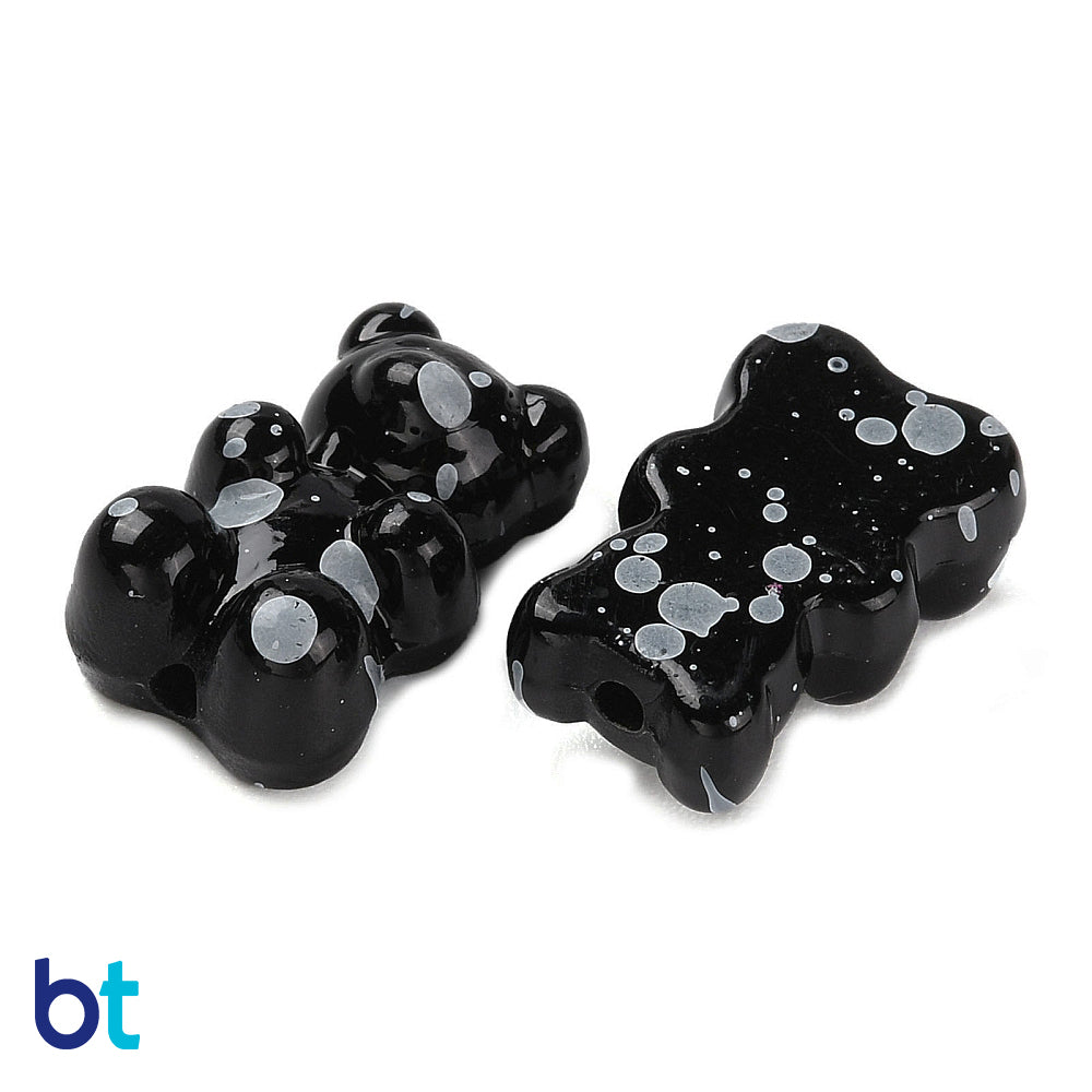 Black Opaque 18mm Teddy Bear Plastic Beads - White Spots (40pcs)