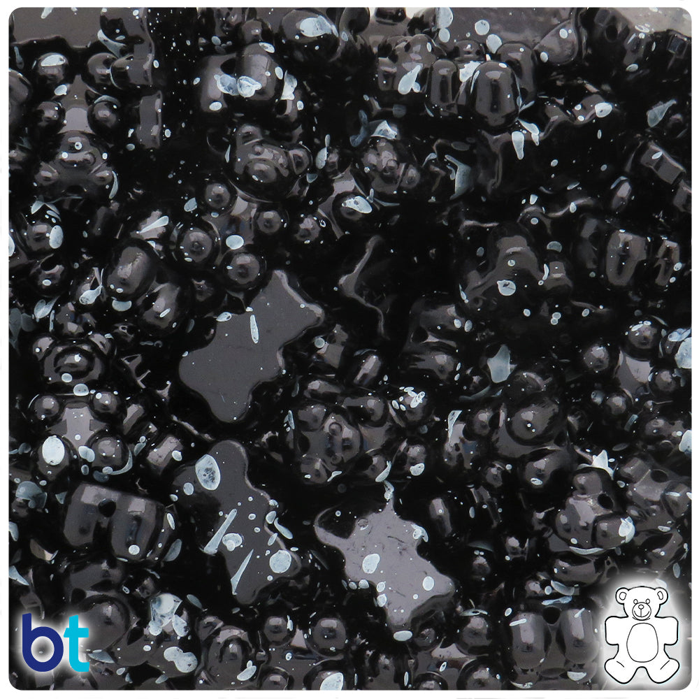 Black Opaque 18mm Teddy Bear Plastic Beads - White Spots (40pcs)