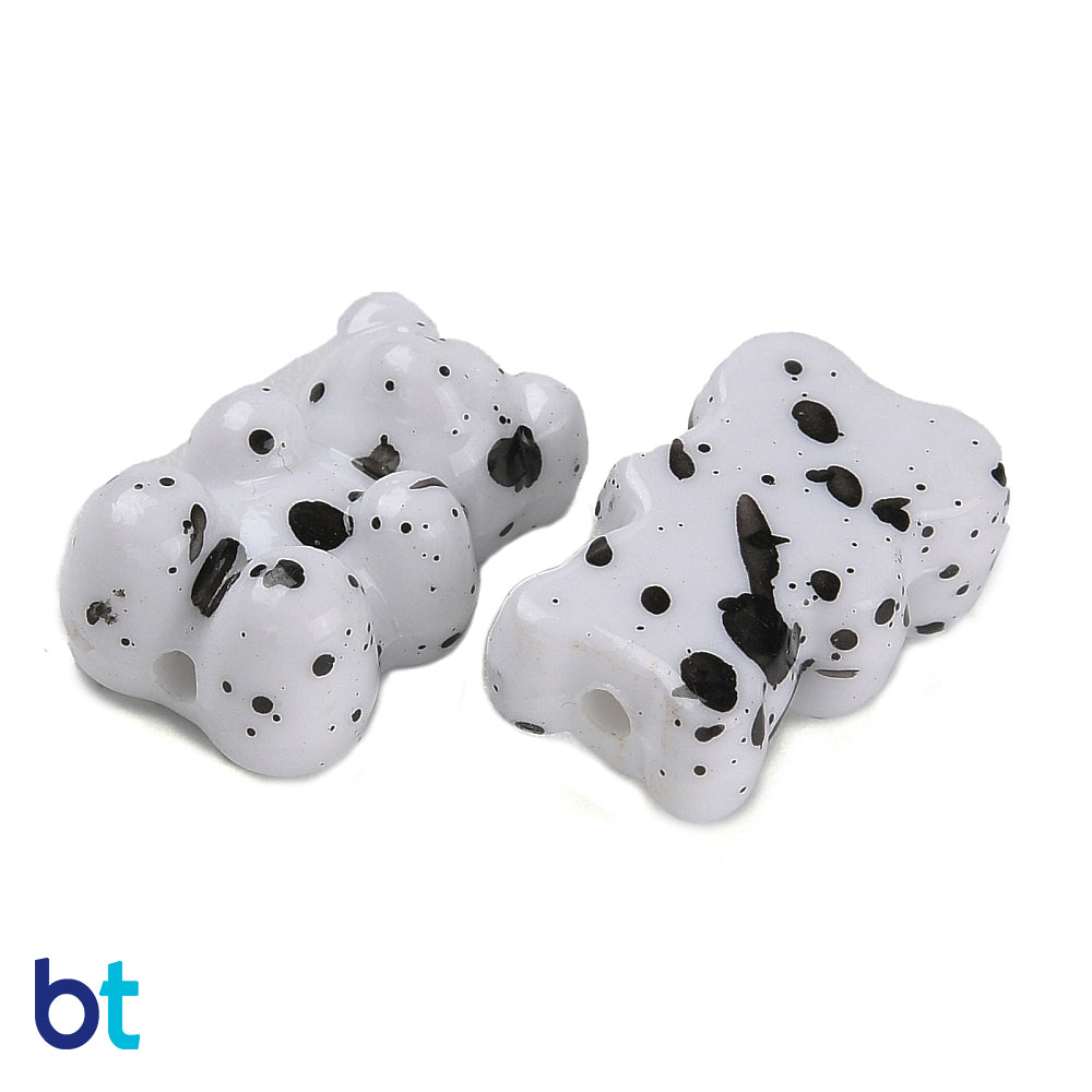 White Opaque 18mm Teddy Bear Plastic Beads - Black Spots (40pcs)