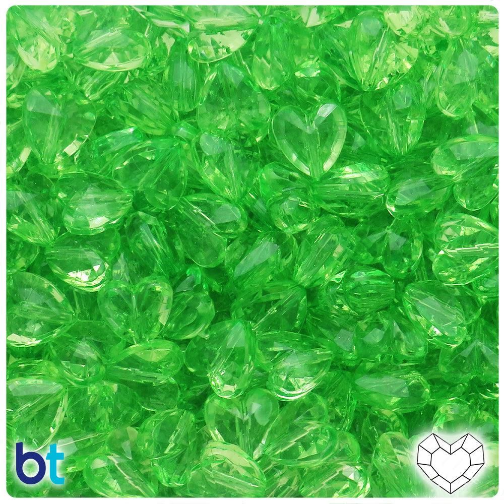 Green Transparent 12mm Faceted Heart Plastic Beads (100pcs)