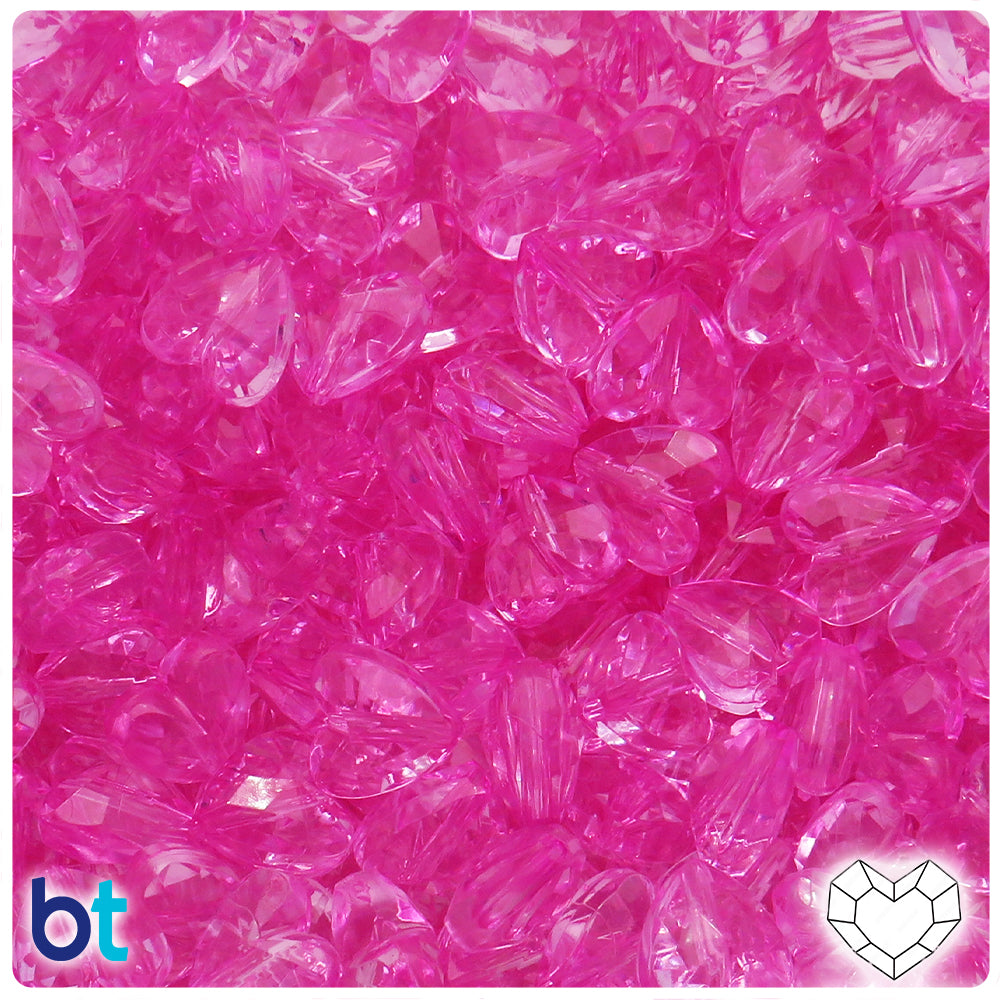 Pink Transparent 12mm Faceted Heart Plastic Beads (100pcs)