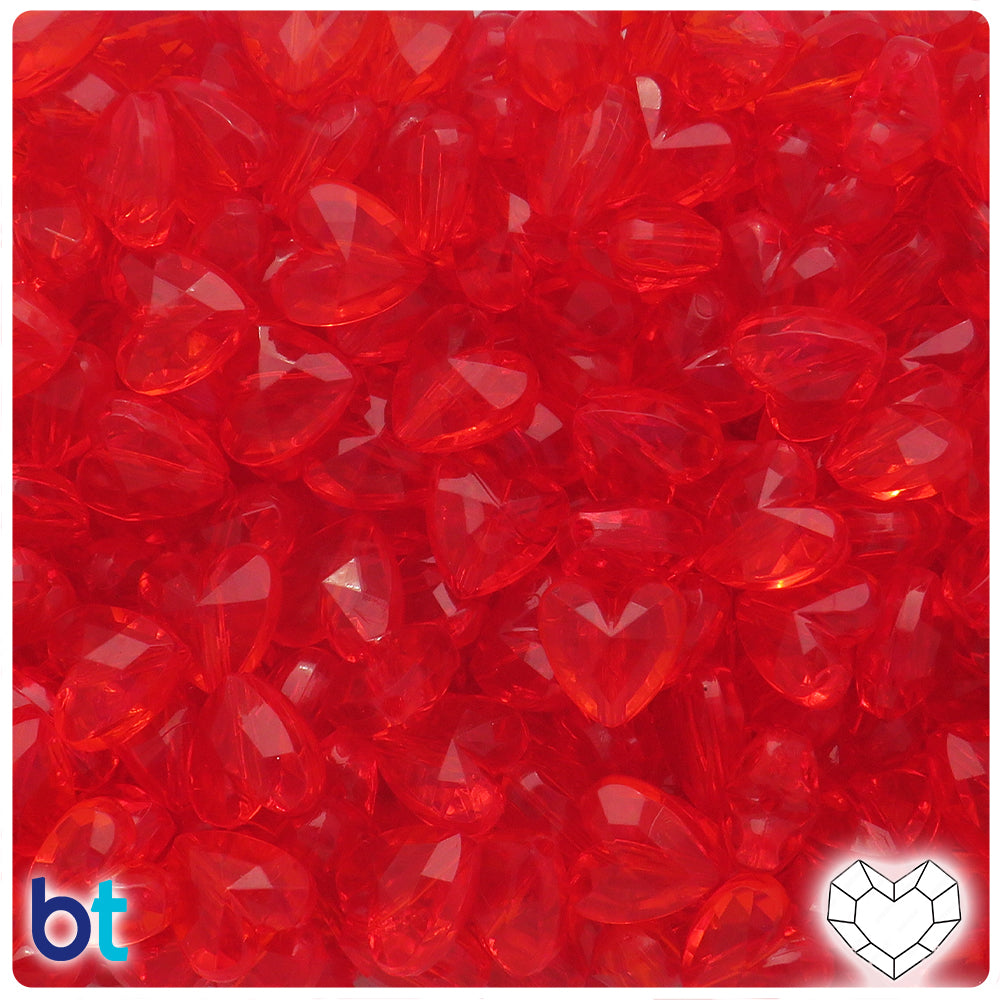 Red Transparent 12mm Faceted Heart Plastic Beads (100pcs)