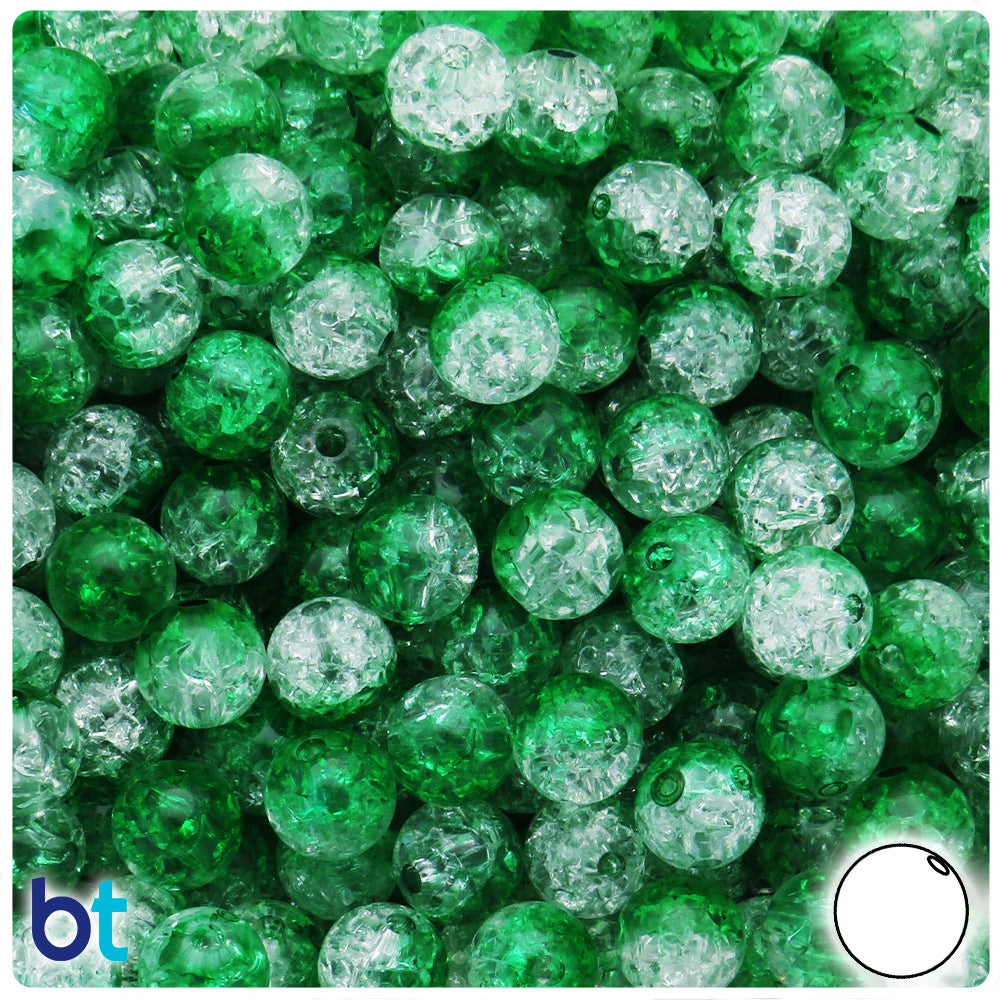 Green & Clear Transparent 10mm Round Plastic Beads - Crackle Effect (100pcs)