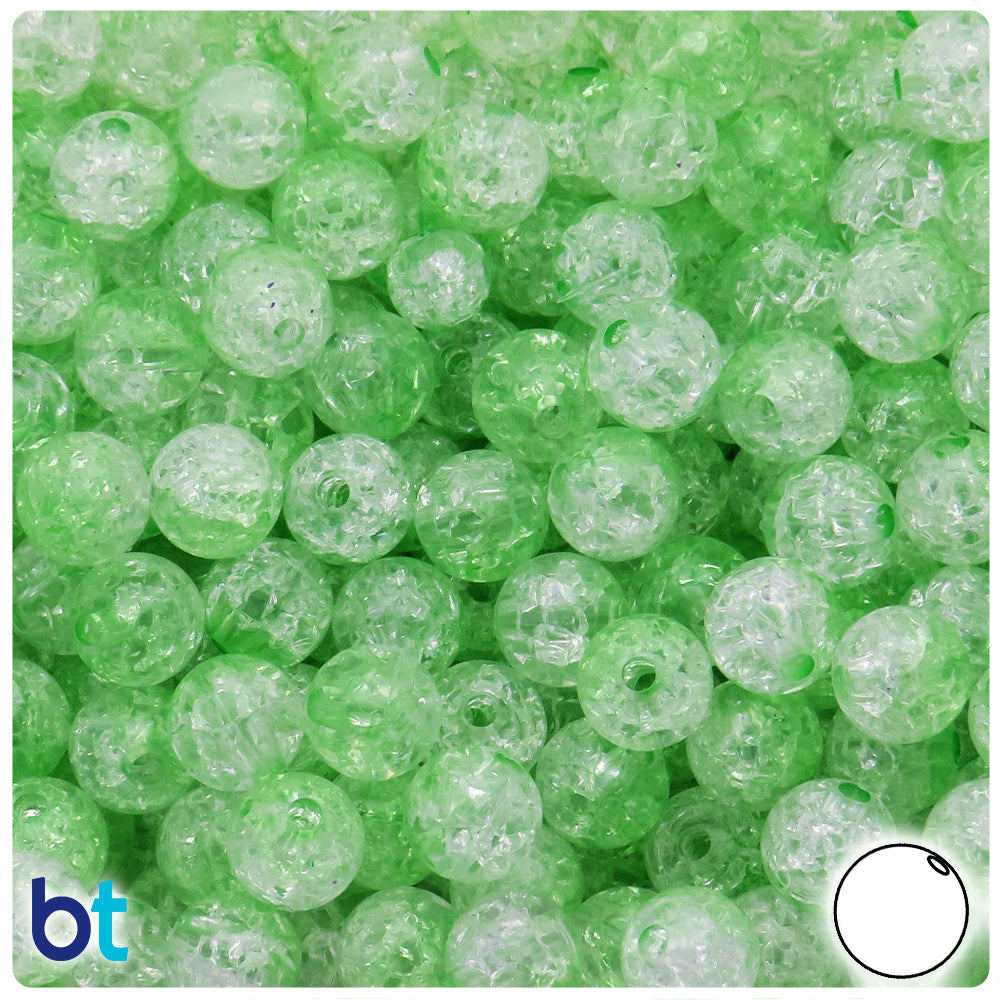 Light Green & Clear Transparent 10mm Round Plastic Beads - Crackle Effect (100pcs)