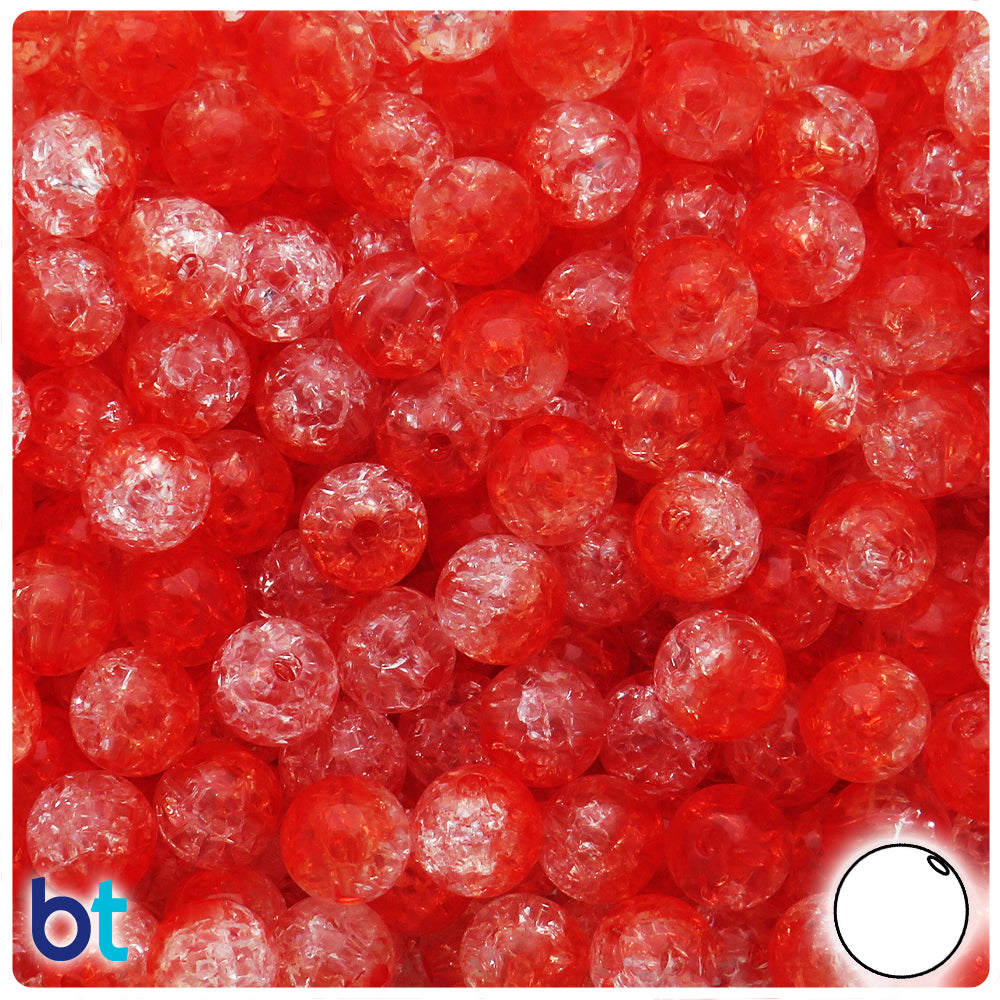 Red & Clear Transparent 10mm Round Plastic Beads - Crackle Effect (100pcs)