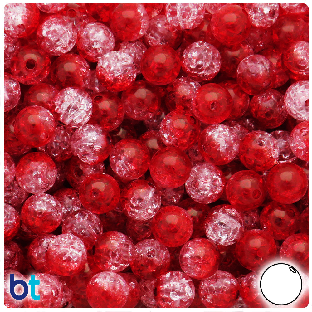 Dark Red & Clear Transparent 10mm Round Plastic Beads - Crackle Effect (100pcs)