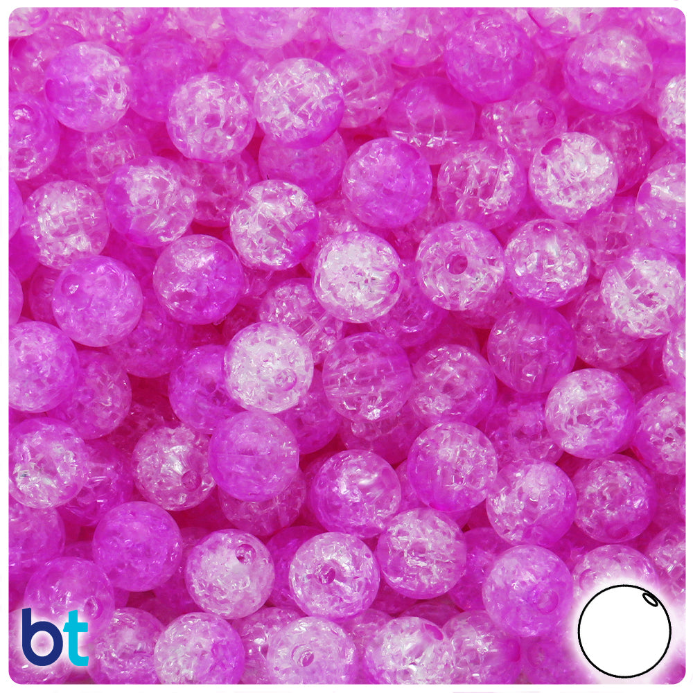 Pink & Clear Transparent 10mm Round Plastic Beads - Crackle Effect (100pcs)