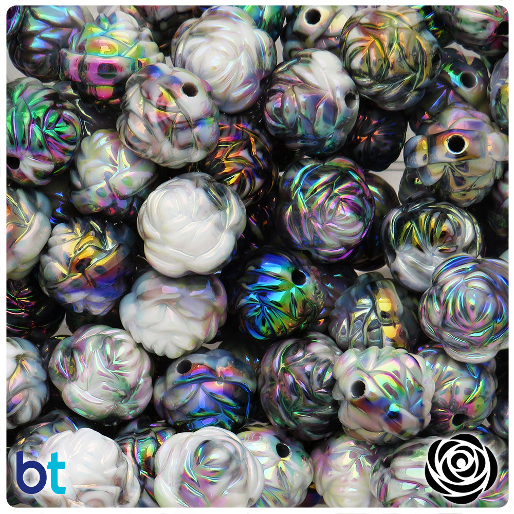 Black & White Opaque AB 15mm Flower Plastic Beads (24pcs)