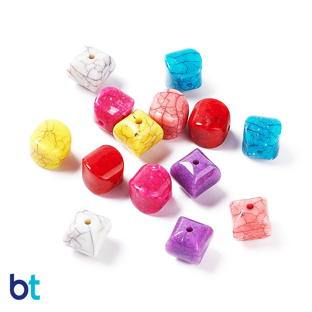 Mixed Opaque 11mm Puffed Cube Plastic Beads - Crackle Effect (60pcs)