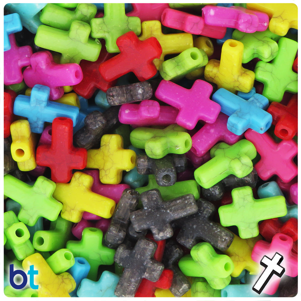 Mixed Opaque 16mm Cross Plastic Beads - Crackle Effect (110pcs)