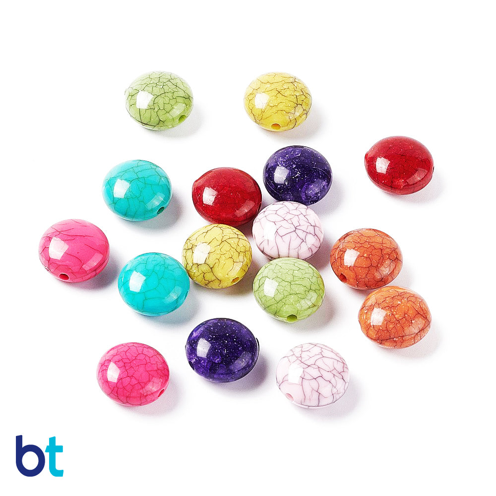 Mixed Opaque 17mm Flat Round Plastic Beads - Crackle Effect (35pcs)